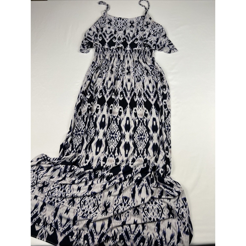 Octavia Womens Navy White Ikat Geometric Smocked Waist Ruffle Maxi Dress M